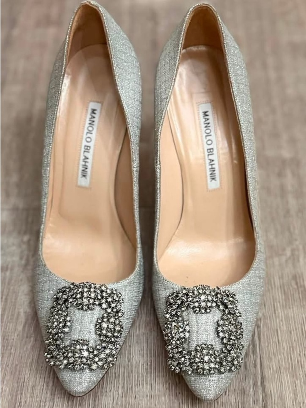 Manolo Blahnik Silver Crystal-Buckle Pointed Toe Pumps - Picture 2 of 8